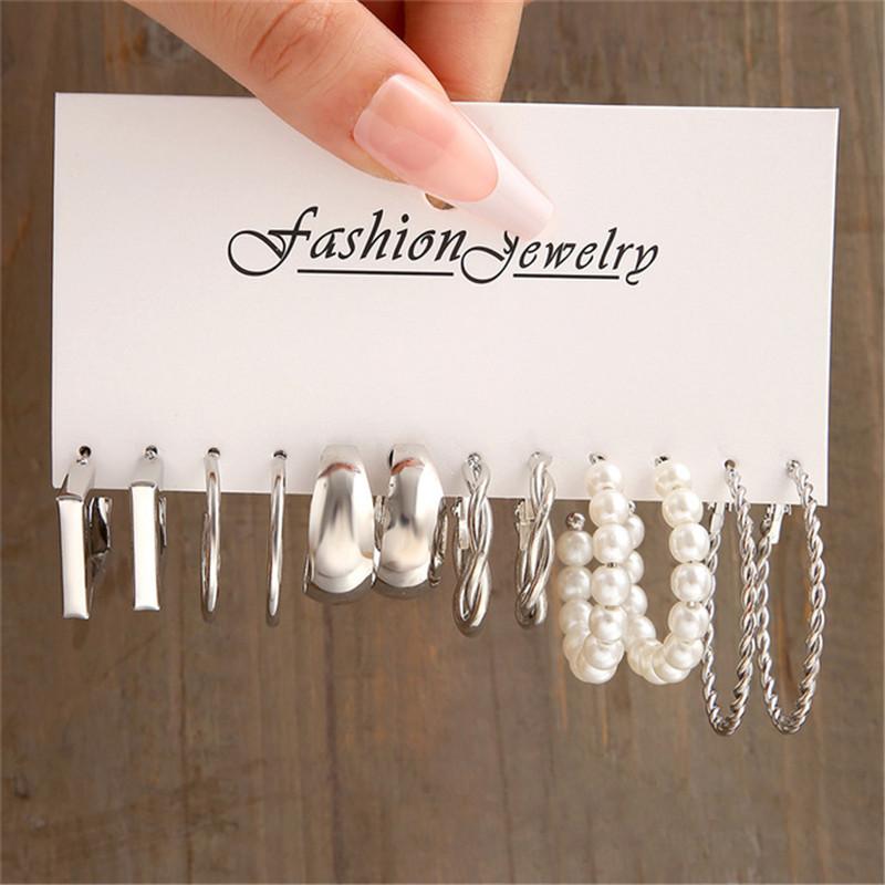 Silver Color Butterfly Earrings Set For Women Girls Vintage Pearl Circle Geometric Twist Hoop Earrings Trendy Jewelry Gifts