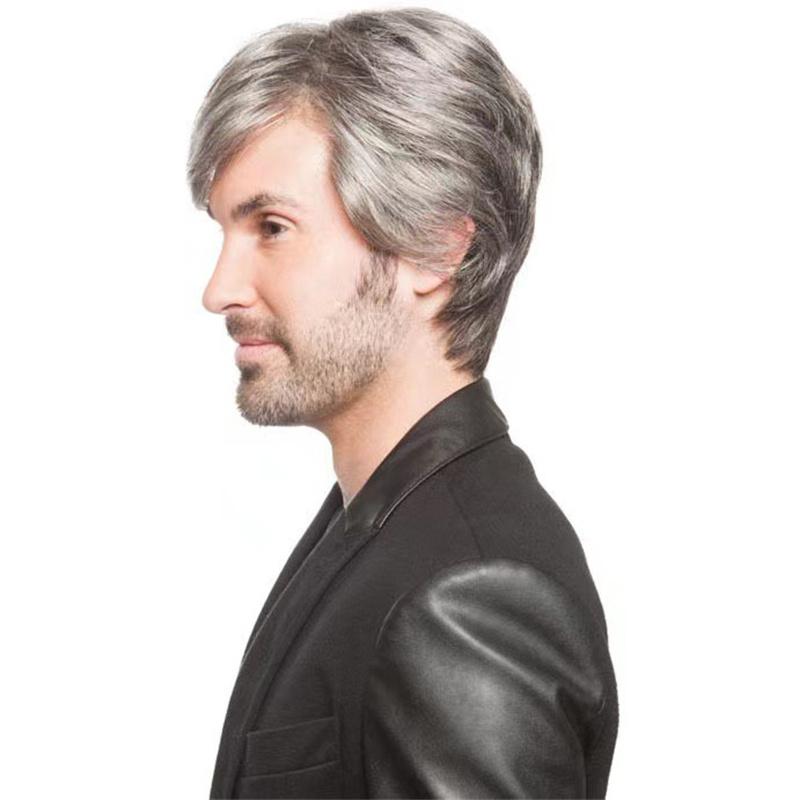 Synthetic Father Wig with Bangs Grey Wig for Elder Men Cosplay Party Costume Short Natural Hairstyle Wig Male Daily Use