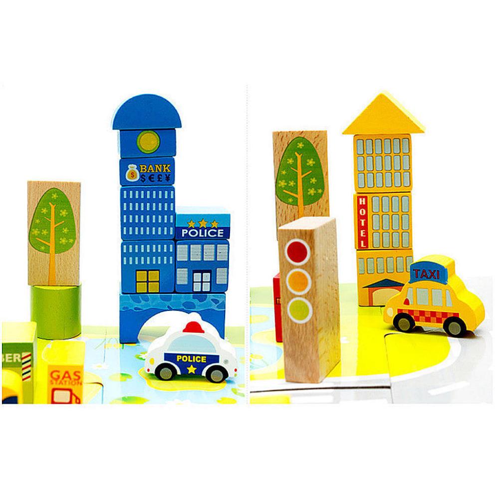 62-Piece Wood City Traffic Building Blocks