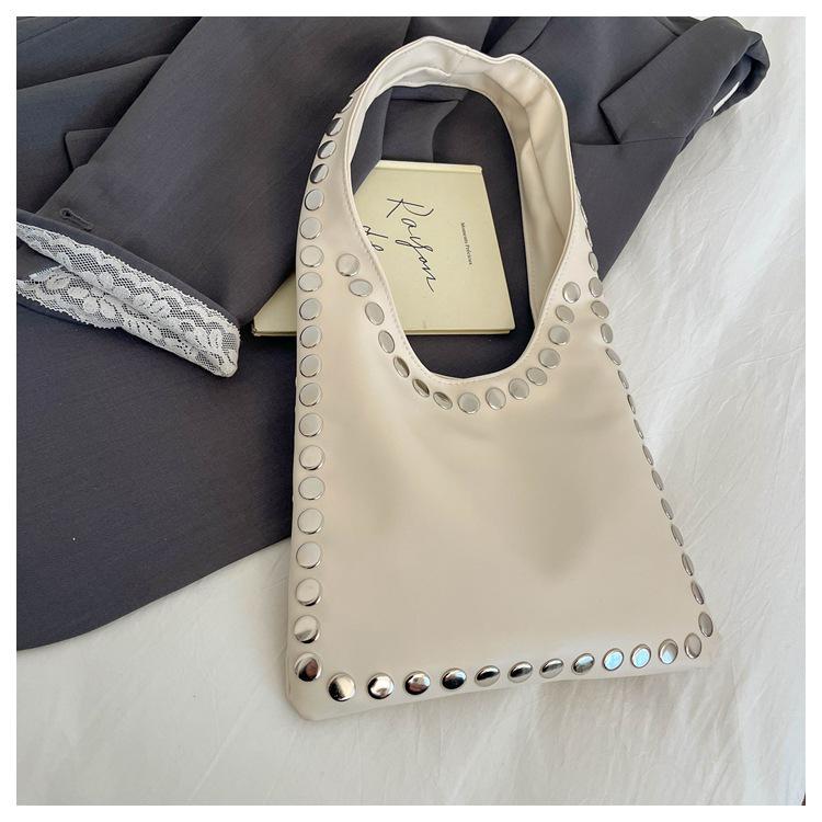 Trendy Retro One-Shoulder Rivet Bag with Textured Design