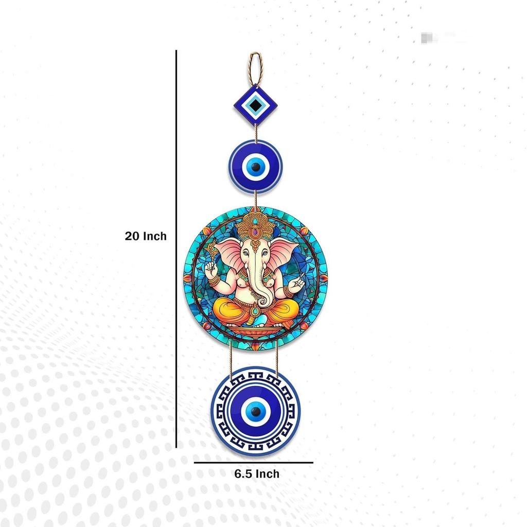 Shri Ganesha with Evil Eye Wooden Wall Hanging For Luck Properity For Home Decoration | Livingroom | Spiritual Decor Items