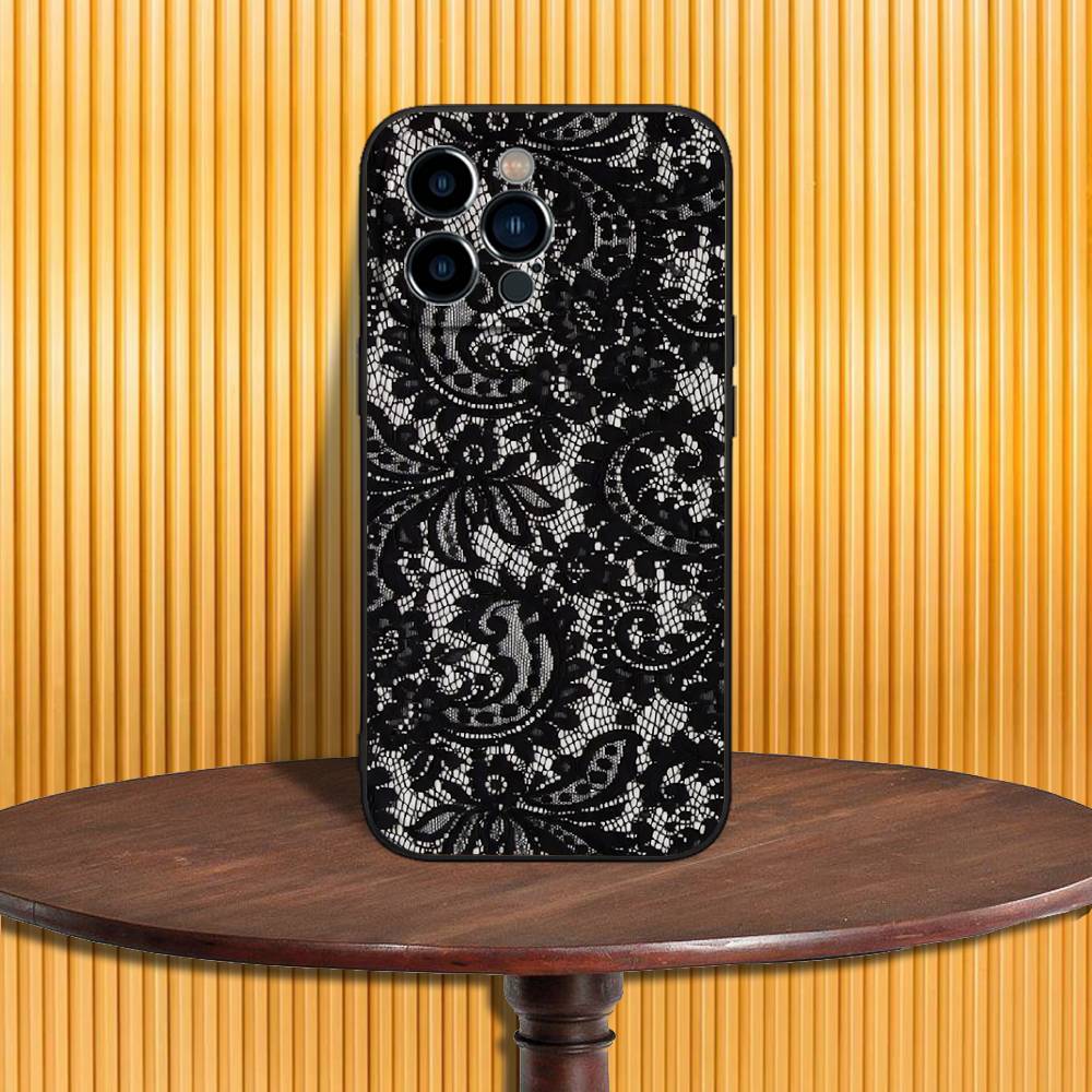 Lace Print Pattern Phone Case For iPhone 17,16,15,14,13,12,11,Pro,Max,Plus,X,XS,SE4,E,Mini,Soft Black Case