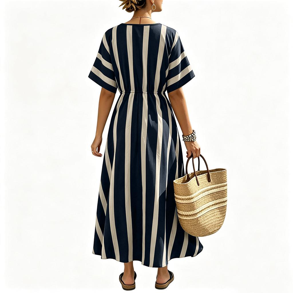 Women V Neck Short Sleeve Maxi Dress with Pleated Waist and Flowing Hem Casual Vacation Style Striped Pattern