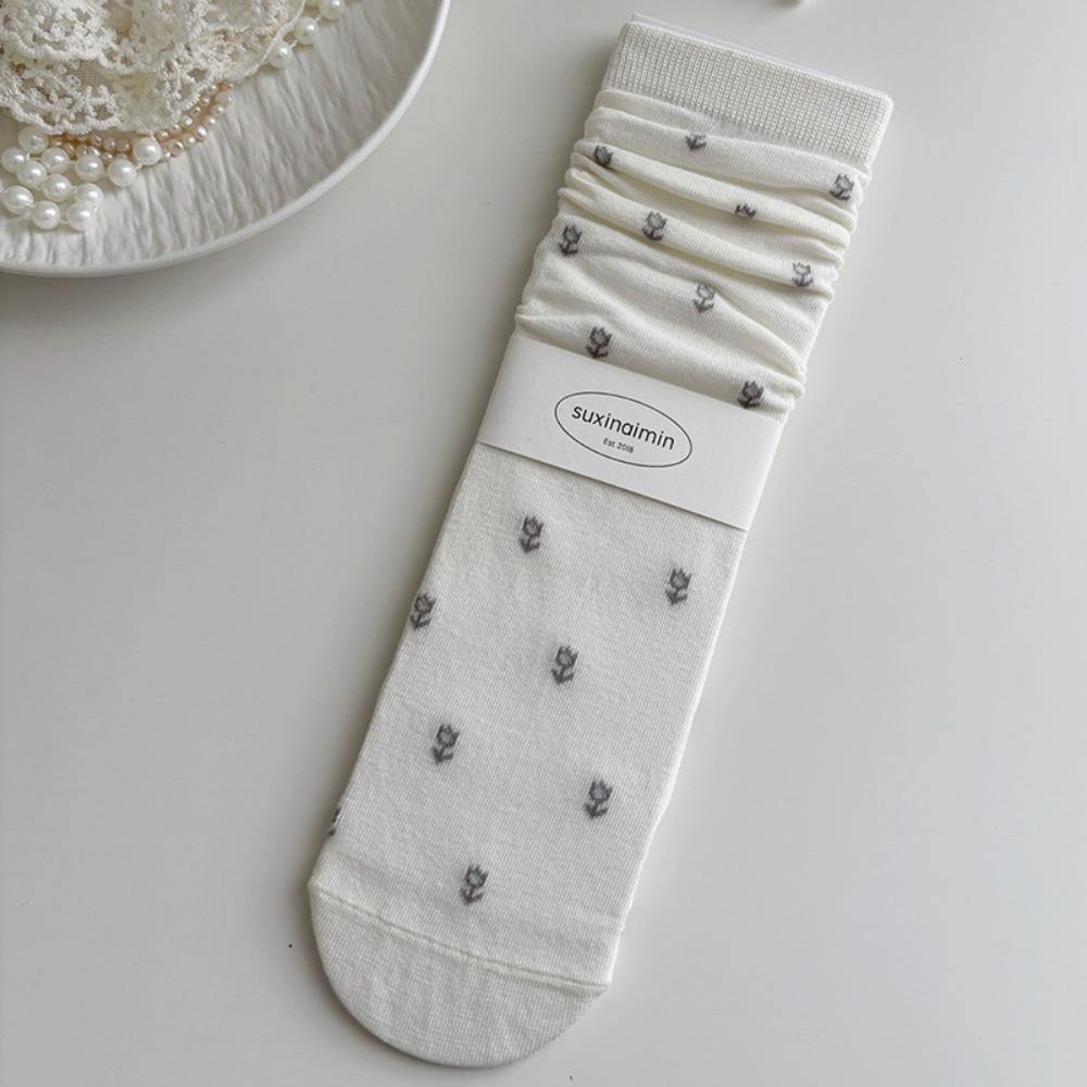 Pink Socks Women Spring and Summer Hollow Thin Breathable Women Socks Ballet Style Floral Print Polka Dot Medium Tube Socks Gift