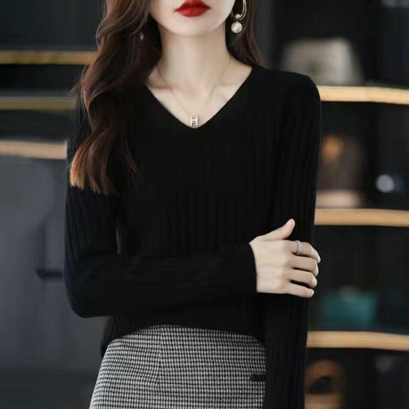 Maglione da Donna Girocollo a V Sottile Manica Lunga Primavera Autunno Sottogiacca Maglione Semplice ed Elegante Top Versatile