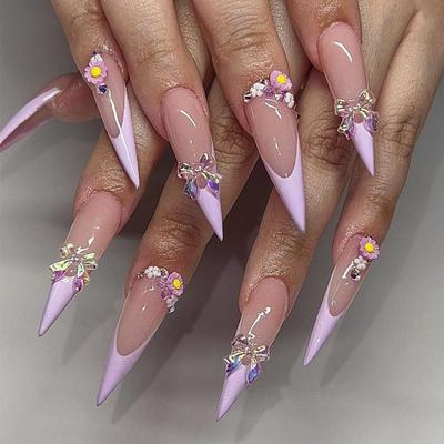 24pcs Long Almond and Ballerina Fake Nials Flowers Glitter Press On Nails False Nails Women