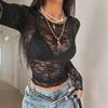 Black Crochet Lace Sheer Sexy Round Neck Slim Flattering Top Women Fashion Daily Basic Office Lady Casual Slim Fit Ladies Elegant Long Sleeve Top