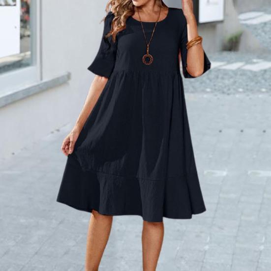 O-Neck Flared Short Sleeve Midi Dress High Waist Thin Colorfast Ruffle Flowy Hem Solid A-line Midi Dress Streetwear