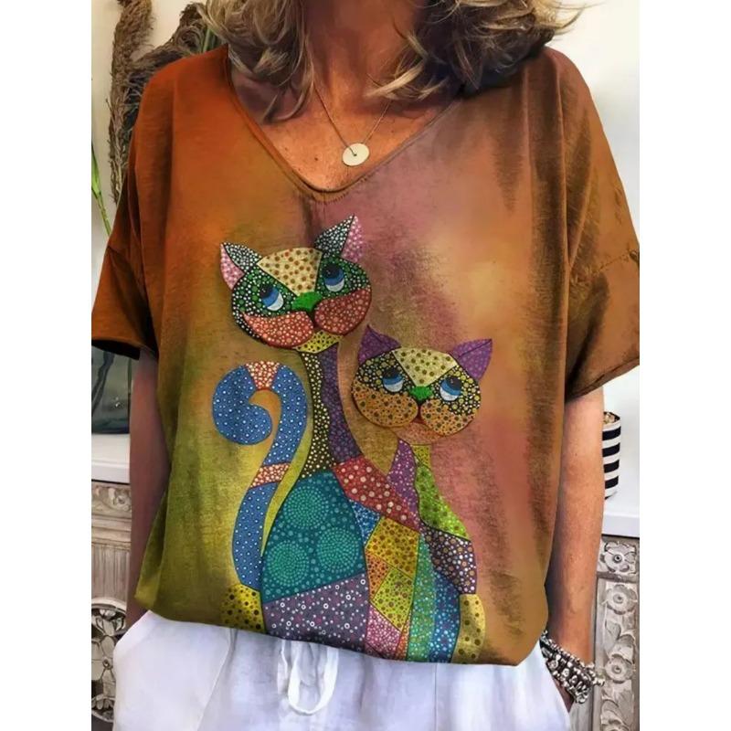 Women's V-neck Short-sleeved T-shirt with Cute Kitten Print