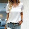 Women Elegant Satin Blouse With Pearl Neckline Puff Short Sleeve Casual Tops