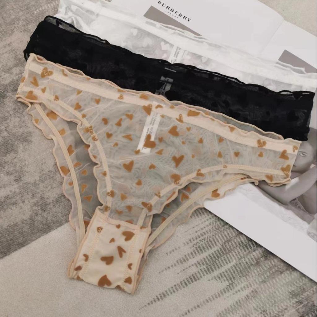 Lace panties women's sexy mesh love flocking panties pure cotton crotch hip lift low waist briefs underpants