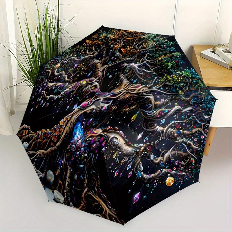 1pc Enchanted Tree of Life Pattern Umbrella - Automatic Folding, Portable Travel Umbrella with Vibrant Nature Design, 8-Rib Du