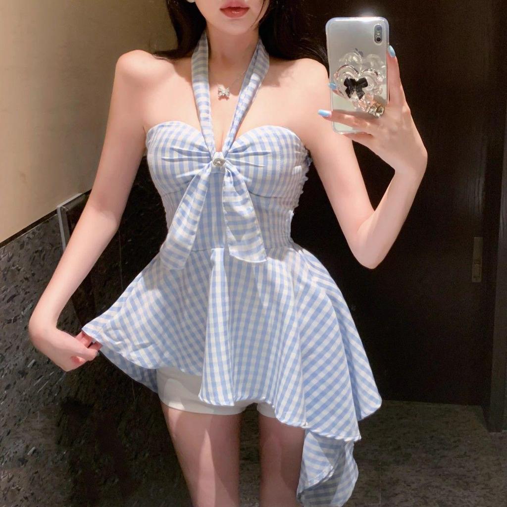Plaid Mid-Length Backless Sleeveless Bandeau Top