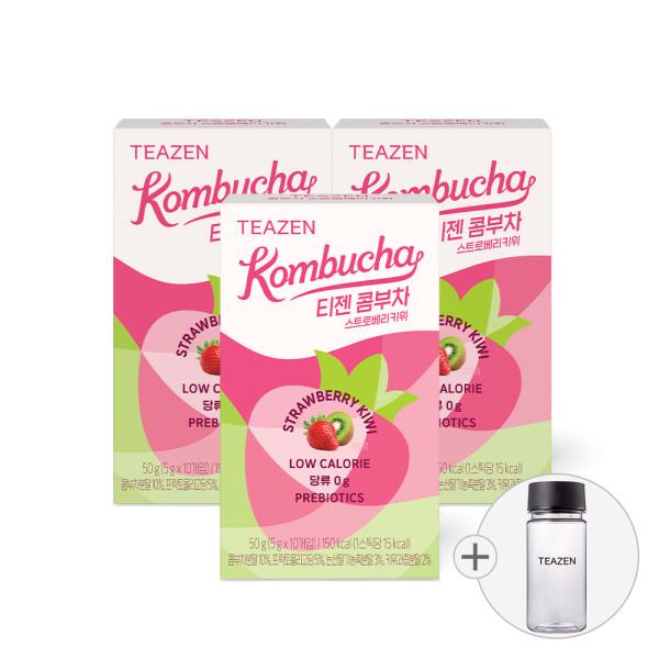 Teazen Kombucha Strawberry Kiwi 10 sticks x 3 boxes (bottle included), Korea Kombucha