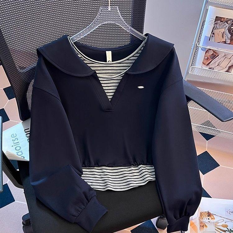 Fake two-piece striped splicing navy collar sweater women s spring and autumn new loose small foreign short top XS