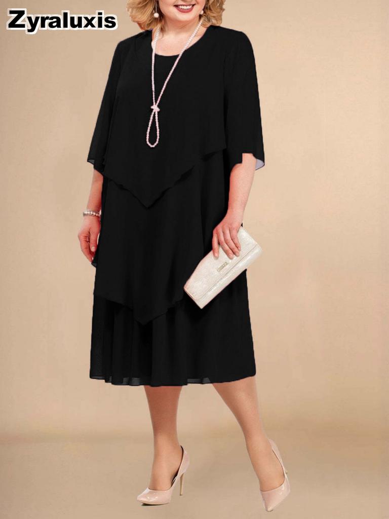 Nuovo Abito da Sera in Chiffon da Donna Stile Straniero Ampio Copri Pancia Strati Ruffles Taglie Forti Abito Formale da Festa per Donne