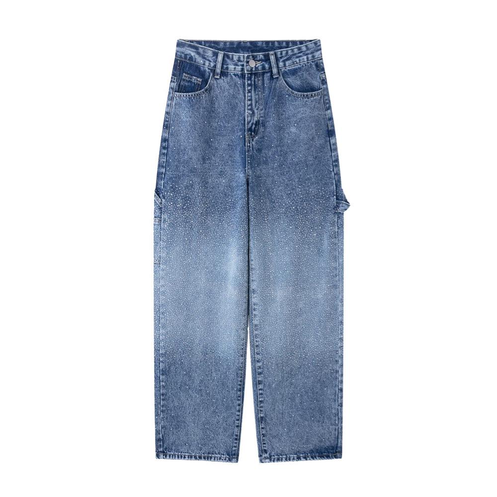 

Весна 2025 Женские джинсы с завышенной талией, со стразами, облегающие, свободные Large синий