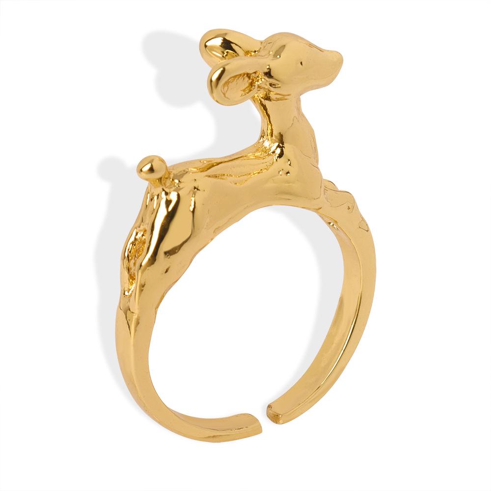 Trendy Open Hip Hop Little Deer Copper Ring, Cute Gold-Plated Animal Design for Couples