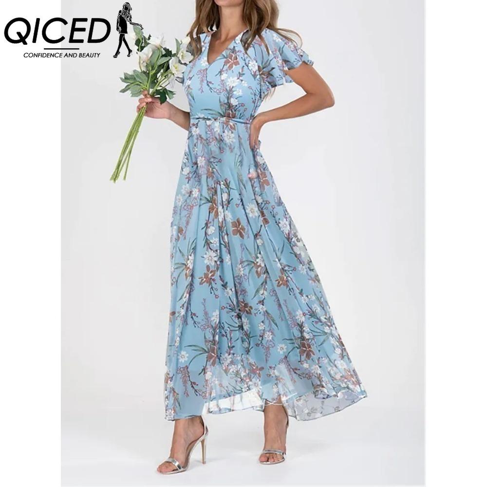 QICED 6 Color V-neck Ruffle Maxi Dress Short Sleeves Fitted Waist High Waist Flowy Hem Cute Floral Chiffon Dress Women Clothing