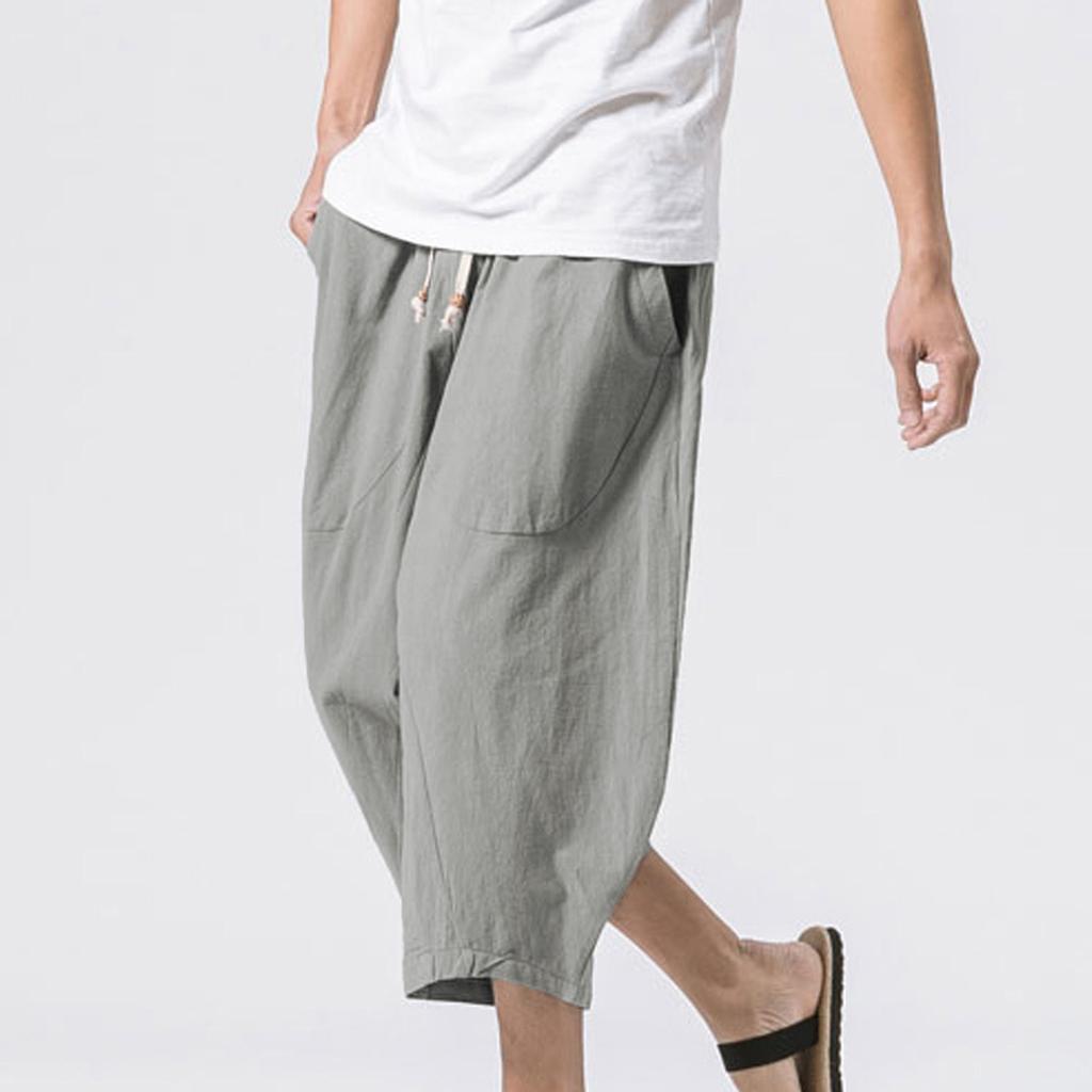 Men's Lazy Loose Cotton Hemp Harlan Pants Elastic Waist Drawstring Casual Pants