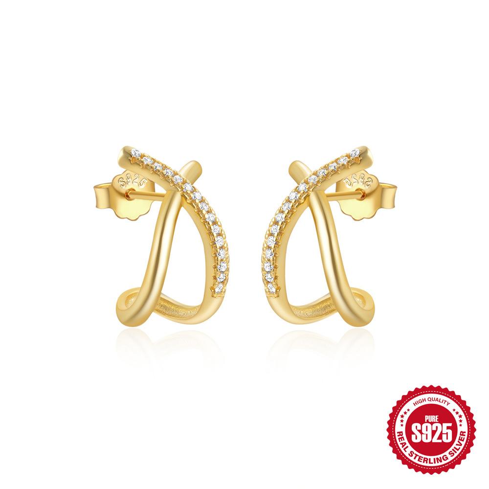 Light Luxury S925 Sterling Silver Geometric Cross Micro-Inlaid C-Shaped Personality Metal Temperament Earrings Earrings Ear Hooks