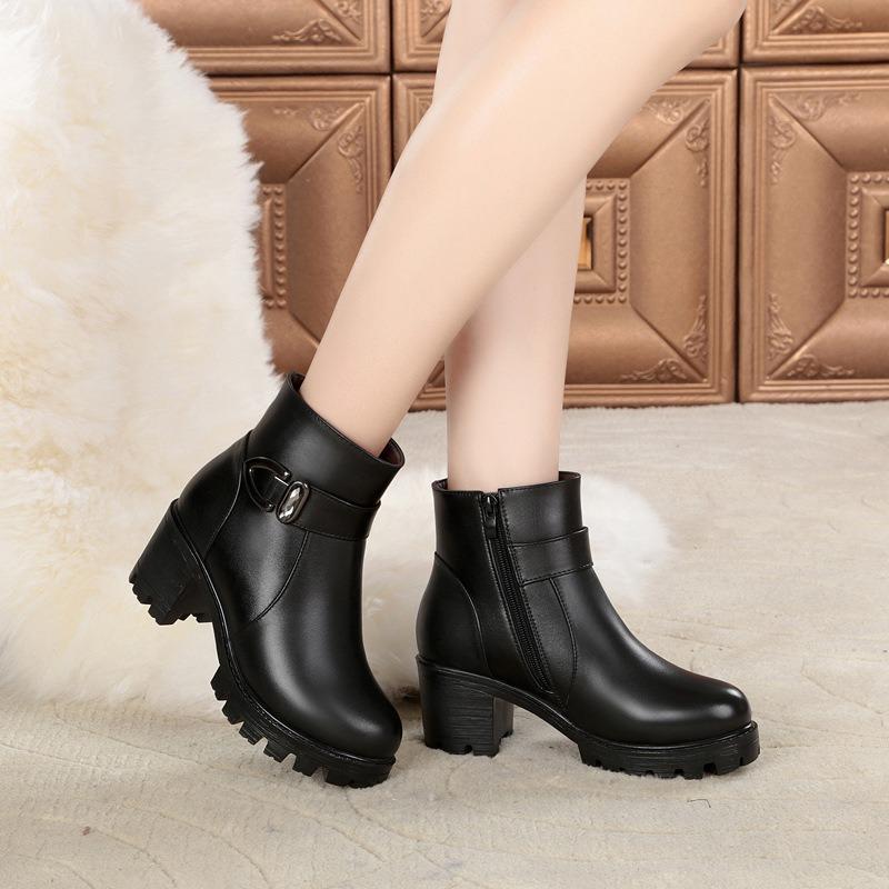 Winter Women's Boots Luxury Casual Leather Boots Plush Warm Snow Booties Mother Cotton Boots High Heel Ankle Booties Botas Mujer