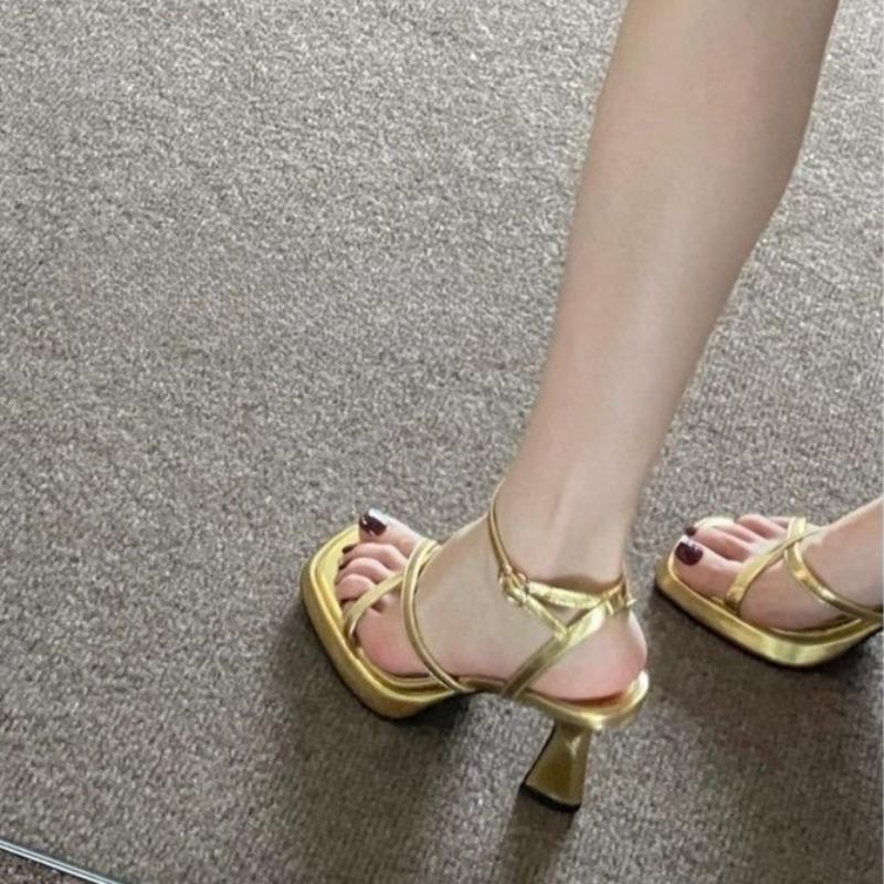 Platform Block Heel High Heels Women's Summer New Cross Thin Strap One Buckle Open Toe Square Toe Small Height Sandals