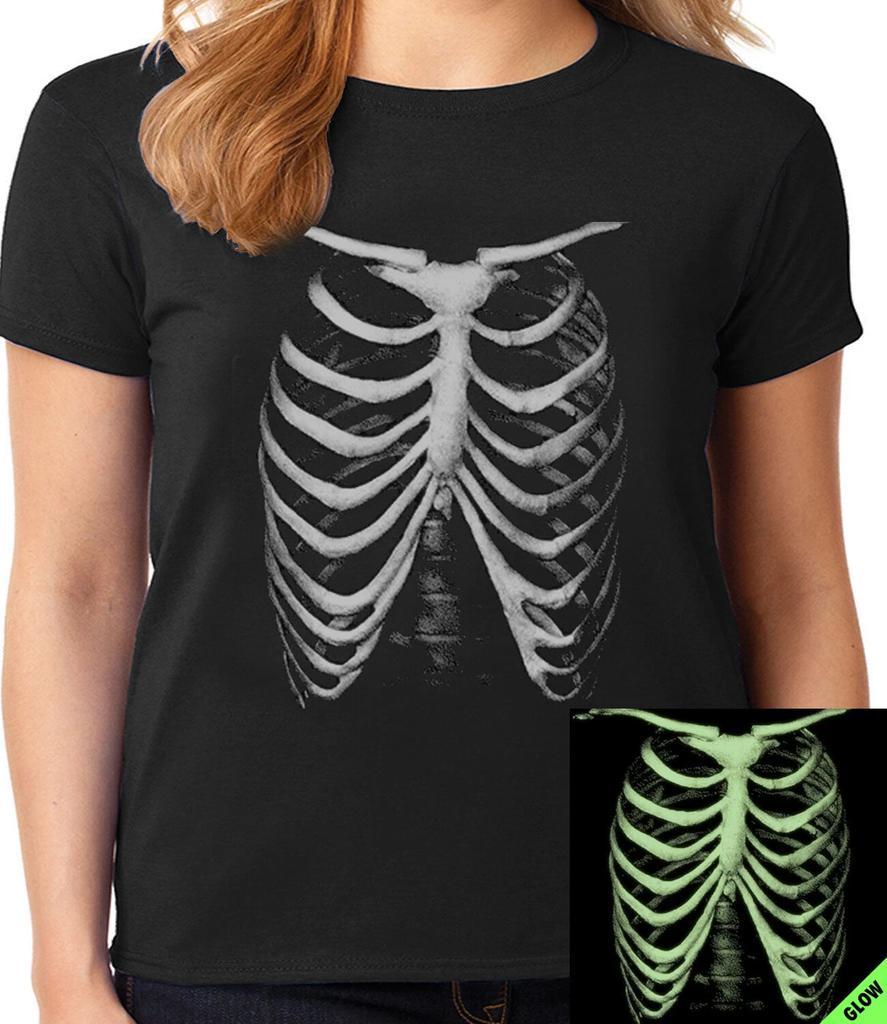 Halloween Costume T-shirt Womens Ladies Tee Glow In The Dark Skeleton Rib Cage
