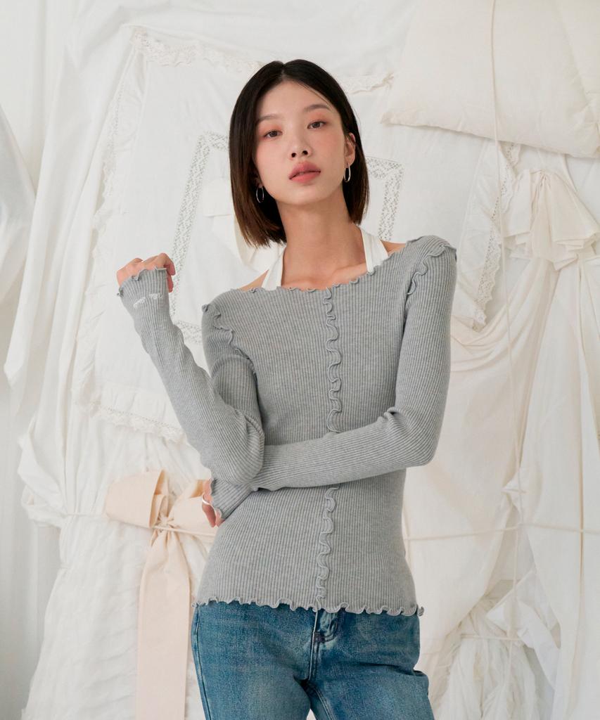 VLETI Viscose Frill Boat Neck Embroidered Reverse Knit (Gray)