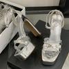 Eilyken Summer Extreme High Heels Square Toe Platform Women Sandals Narrow Band Buckle Strap Party Dress Shoes
