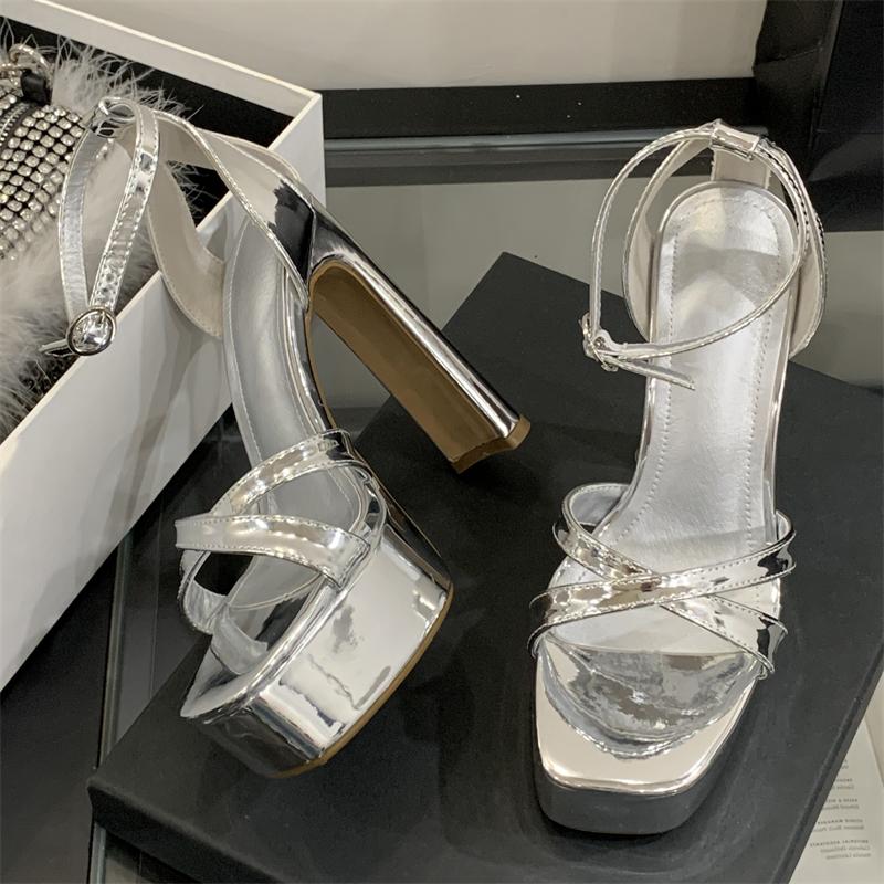 Eilyken Summer Extreme High Heels Square Toe Platform Women Sandals Narrow Band Buckle Strap Party Dress Shoes