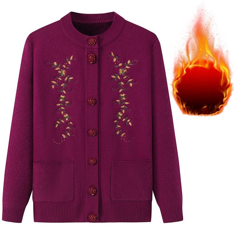 Women's Autumn Winter Fleece Thicken Sweater Middle-aged Knitted Casual Cardigan Coat
