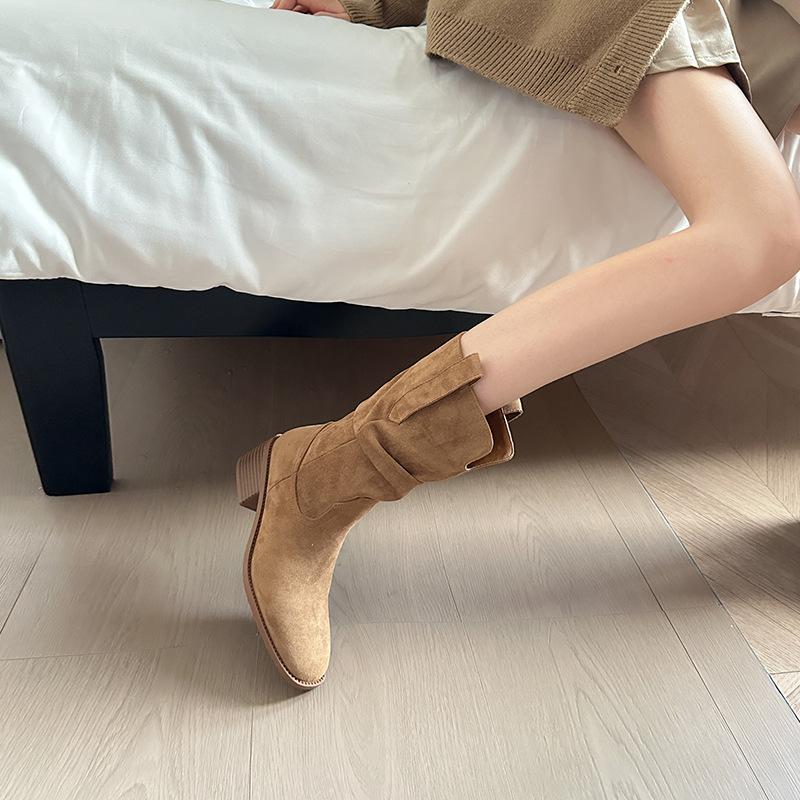 Retro Fashion Cowboy Boots Women, Spring and Autumn New Pointed Thick Heel Pleated Pile Short Martin Boots Knight Boots