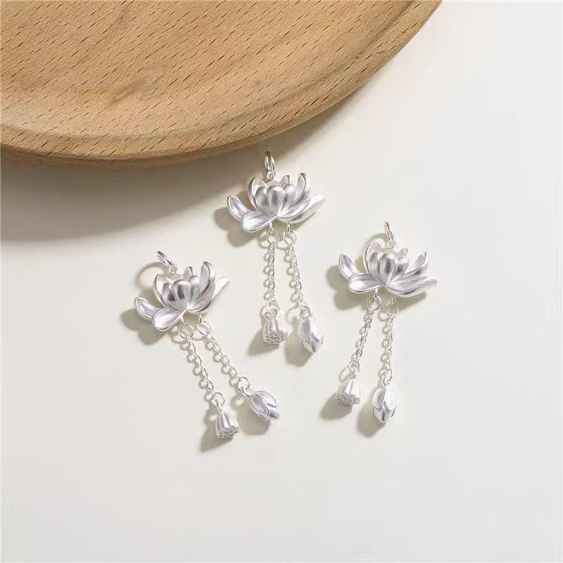 Sterling Silver Lotus Tassel Pendant - Chinese Style DIY Braided Rope Necklace Ornament
