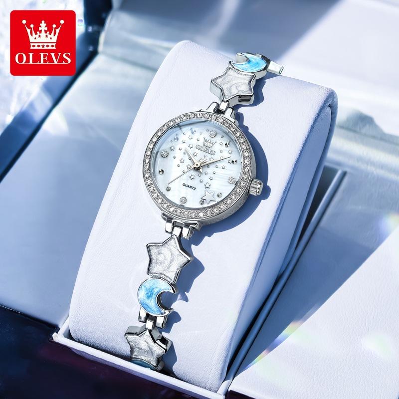 

OLEVS Original Quartz Women s Watches Trendy Star Moon Diamond Dial Elegant Ladies Bracelet Wristwatches Luxury Woman Watch серебряный/белый