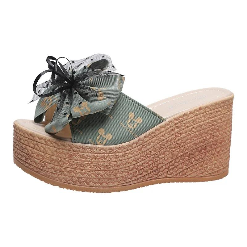 Fashion Slippers Women 2025 New Sweet Bow Ladies Open Toes Summer Sexy High Heel Slippers Woman Slides Platform Wedges Shoes for Women
