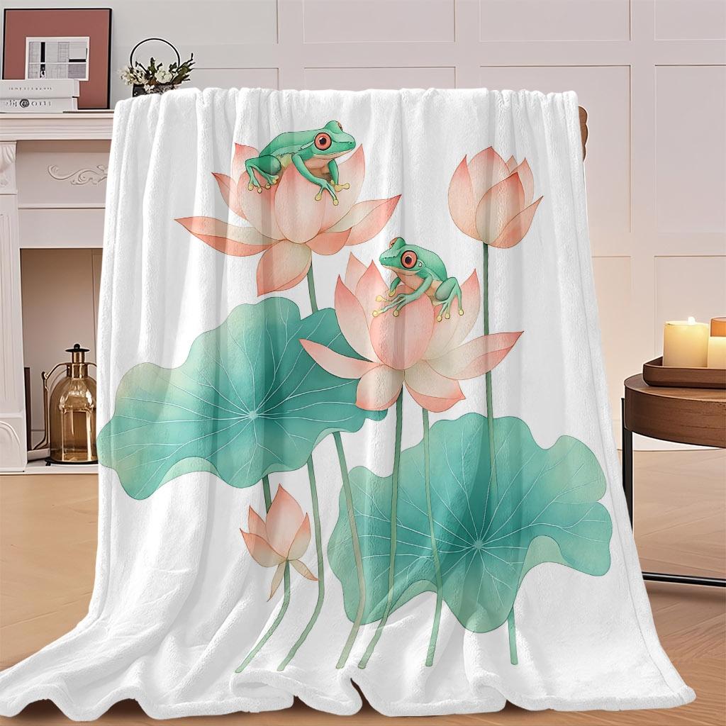1pc Frog & for Lotus Flannel Blanket - Quilted Bedspread Suitable for All-Season Soft Bedspread, Cute Frog & for Lotus Flower