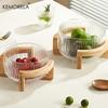 KEMORELA Striped Glass Bowl with Wooden Stand Scratch-Resistant Round Salad Fruit Dessert Display for Living Room