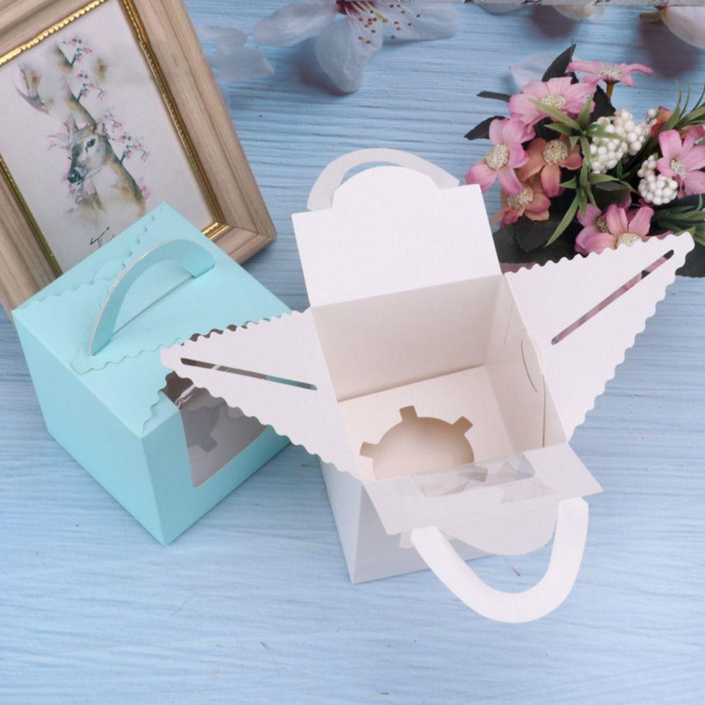 50pcs Cookies Box Portable Cupcake Box With Handle Clear Window Pastry Box With Inner Tray Disposable Dessert Packaging Wedding