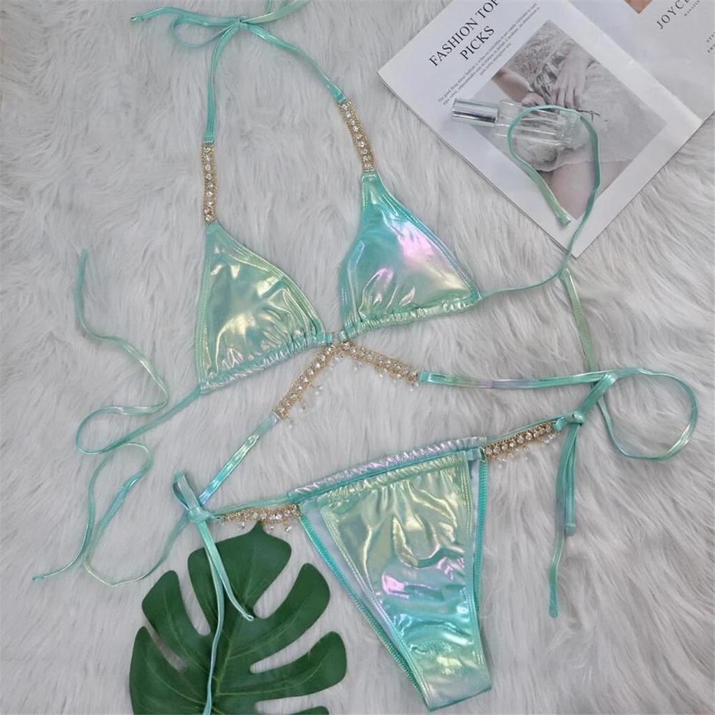 Diamond Rhinestones PU Faux Leather Bikini Female Swimsuit Women Swimwear Two-pieces Bikini Set Bather Bathing Suit Swim