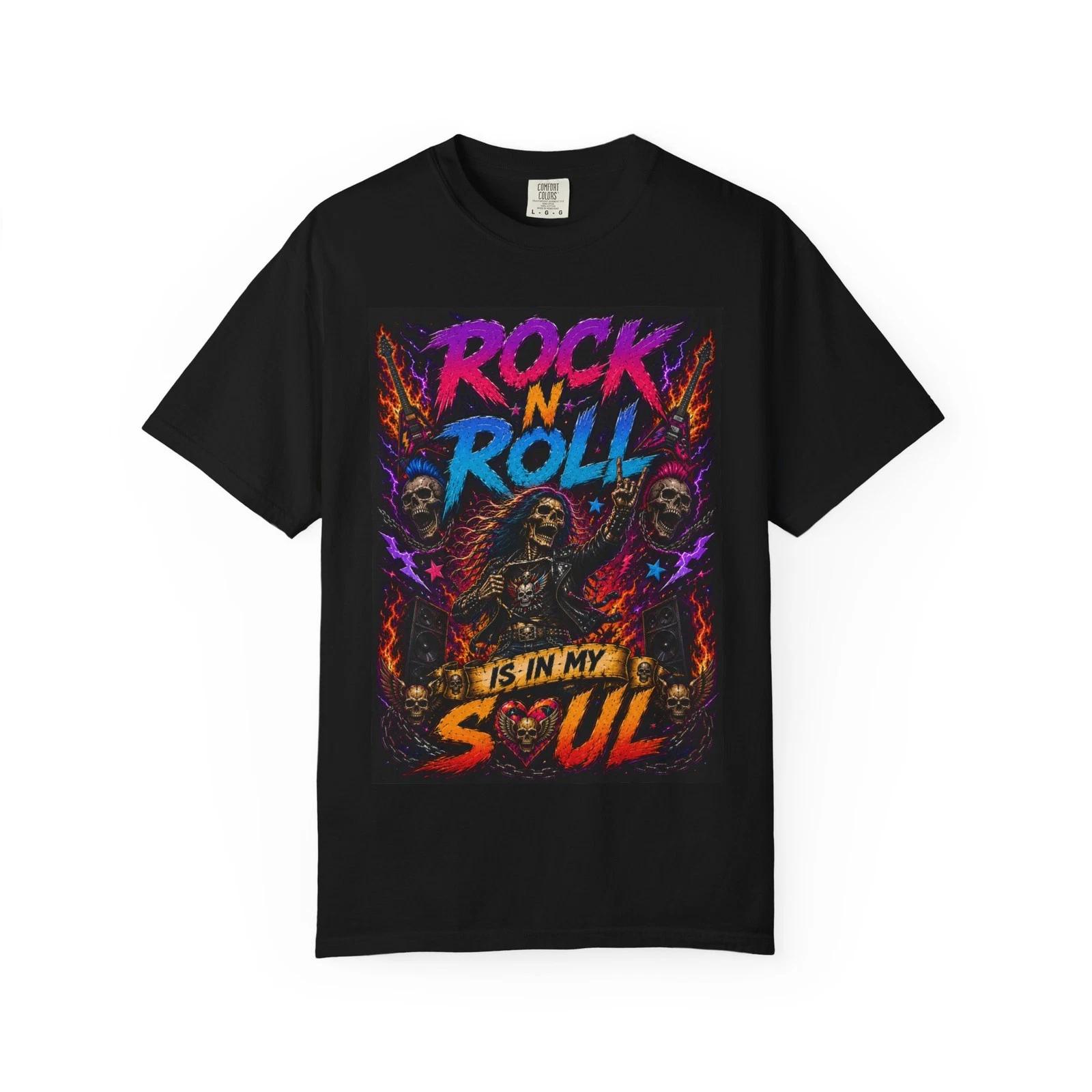 Rock N Roll Is In My Soul T-Shirt | Retro Neon Guitar Skull Design XL