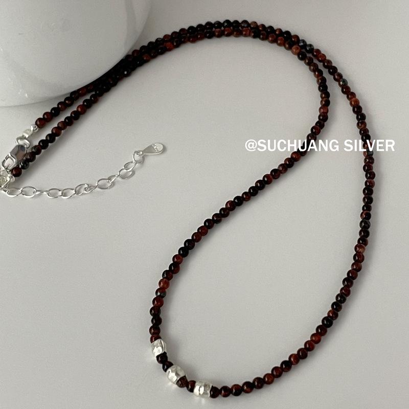 Su Chuang S925 Sterling Silver Red Tiger Eye Bead Necklace - Women's High-End Clavicle Chain.