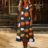 Womens Summer V Neck Short Sleeve Vintage Halloween Print Beach Dress Casual Loose Fit Holiday Maxi Dress