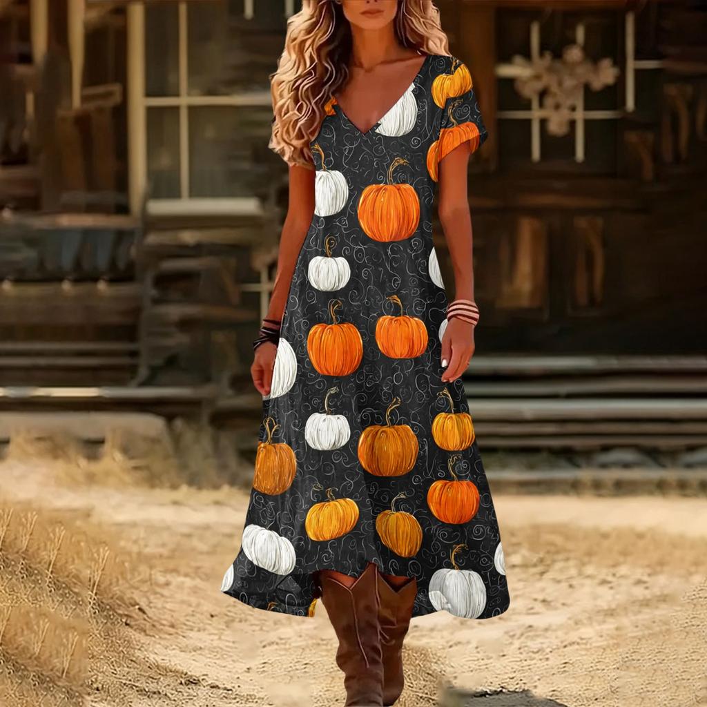 Womens Summer V Neck Short Sleeve Vintage Halloween Print Beach Dress Casual Loose Fit Holiday Maxi Dress