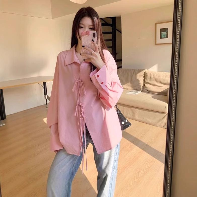 

Spring Korean Loose-Lapel Bow Tie Shirt - Women’s Retro Design M