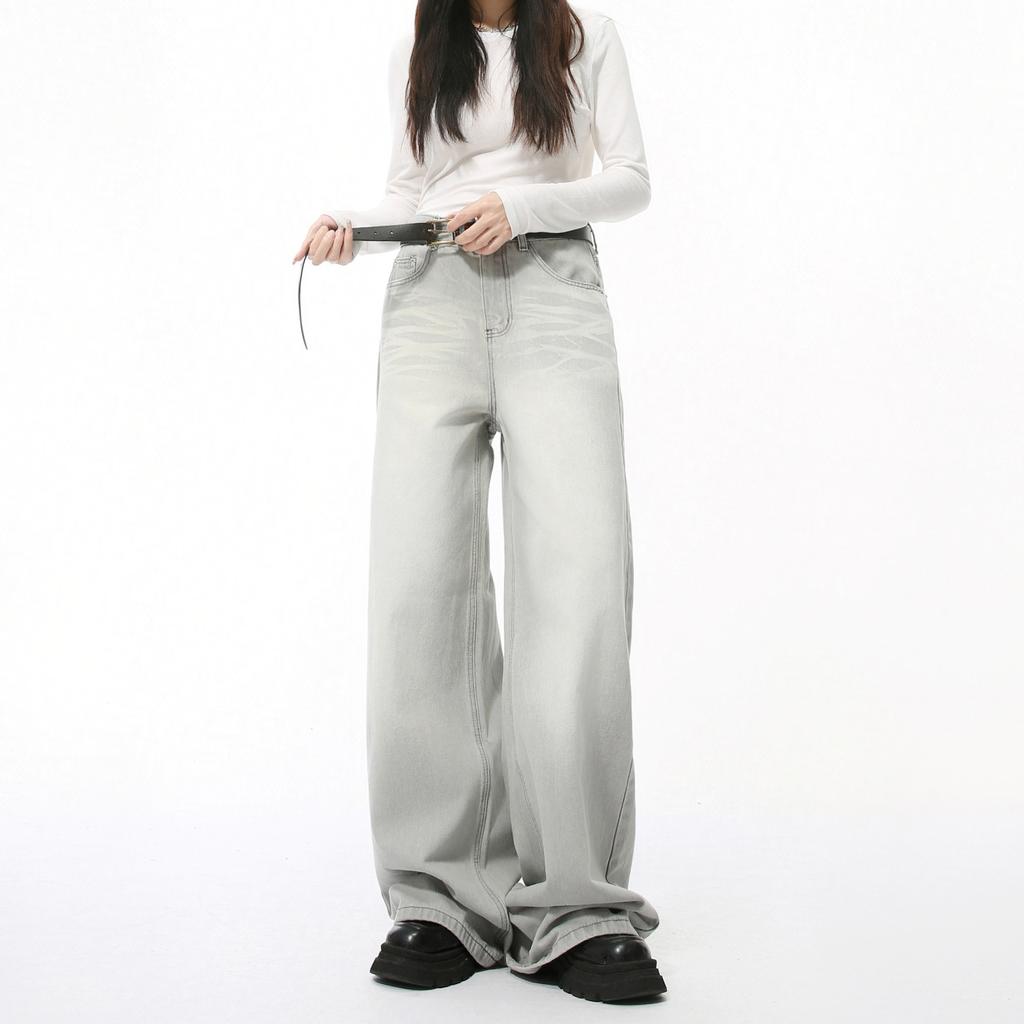 Menswear | Cleanfi Casual Cat Whiskers Washed White Light Grey Straight Wide Leg Jeans