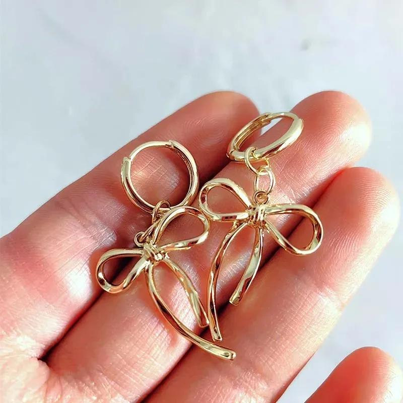 Korean Fashion Copper Color Bowknot Hoop Earrings for Women Egirl Simple Metal Long Bow Pendant Earrings Aesthetic Y2K Zircon