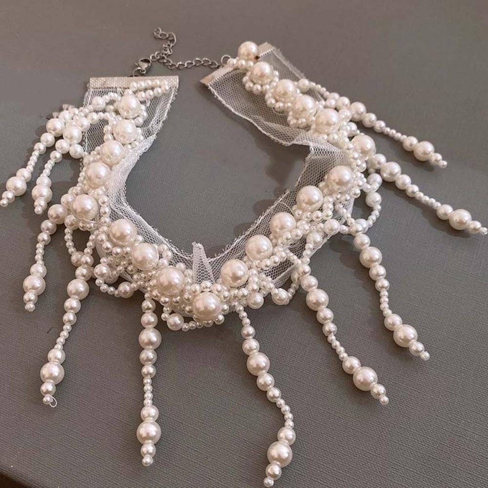 White Tassel Beads Necklace Creative Mesh Neck Jewelry Adjustable Pearl Lace Choker  Women