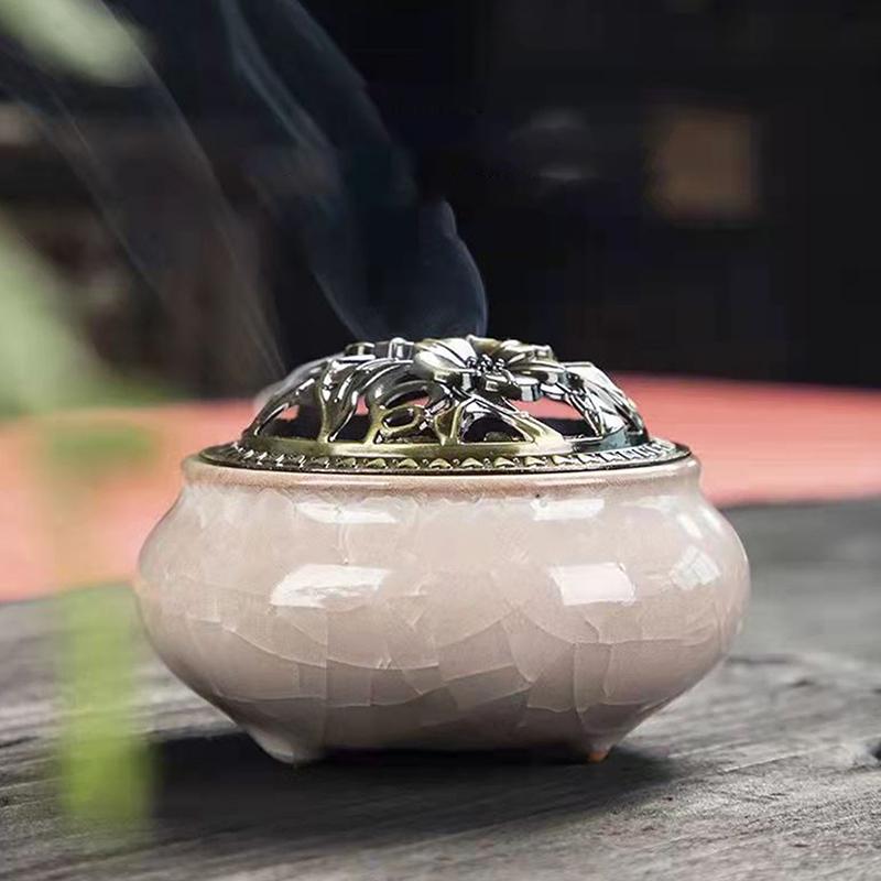 Incense Burner With Lid Hollow Top Censer Holder Heat Resistance Incense Tower Ice Crack Pattern Peaceful Mind Censer Burner