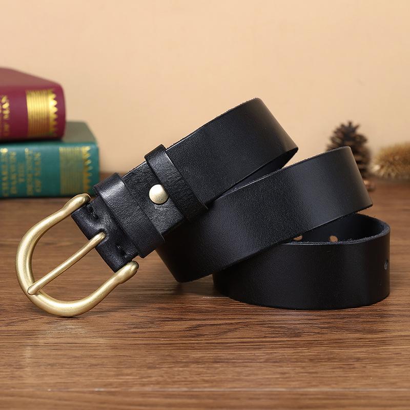

Ремень с латунной пряжкой, мужской кожаный ремень с пряжкой, первый слой из натуральной бычьей кожи, простой универсальный ретро-повседневный джинсовый ремень для молодежи 130cm